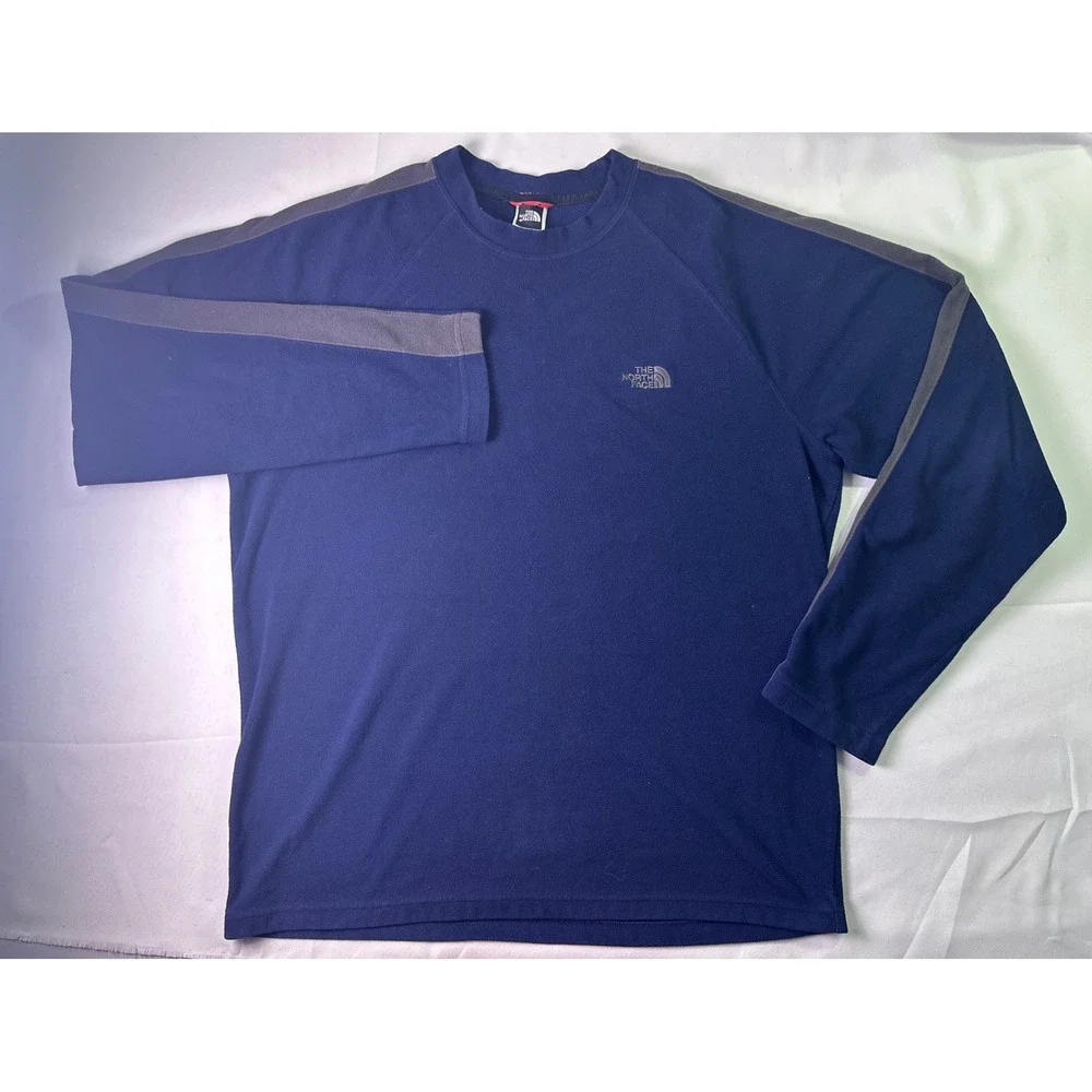 THE NORTH FACE Fleece Sweatshirt Mens Large Blue Grey Stripe Raglan Crewneck L